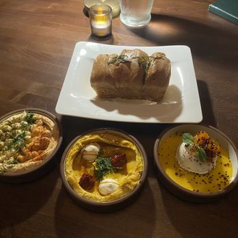 Anixi - Choice of 3 Dip Mezze with the layered bread - Vegan Near Me - New York, New York Anixi - Choice of 3 Dip Mezze with the layered bread - Vegan Near Me - New York, New York
