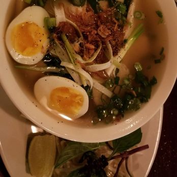 CÔBA - Chicken Pho $12 not hot enuf on cold night & bland. Pepper, soy & fish sauce saved day ;) tho' ton of  tender breast & perfectly gooey egg - Vietnamese Near Me - Seattle, Washington