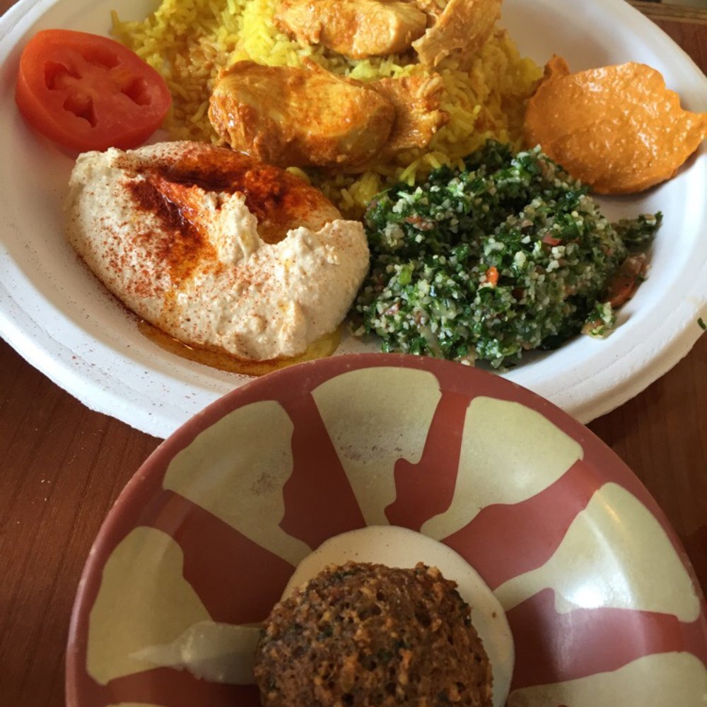 Paprika Cafe - Garlic chicken plate and a falafel - Mediterranean Near Me - Monterey, California Paprika Cafe - Garlic chicken plate and a falafel - Mediterranean Near Me - Monterey, California