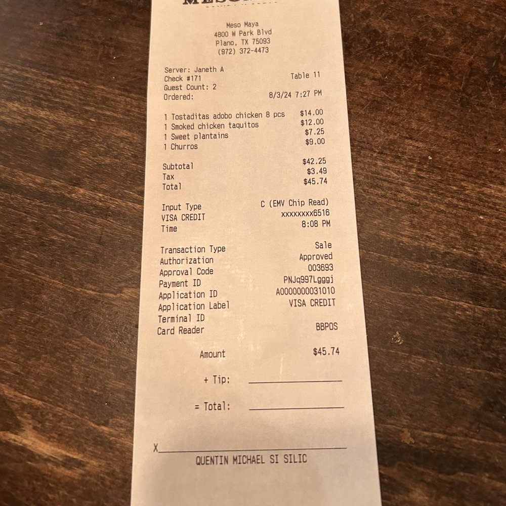 Meso Maya Comida y Copas - Bill - Mexican Near Me - Plano, Texas Meso Maya Comida y Copas - Bill - Mexican Near Me - Plano, Texas