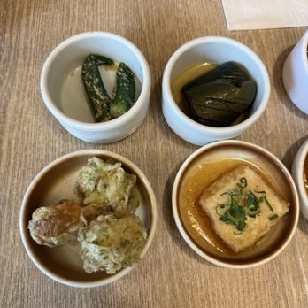 Rinka - Our sides - okra, eggplant, agedashi tofu, and fried fishcake - Japanese Near Me - Honolulu, Hawaii