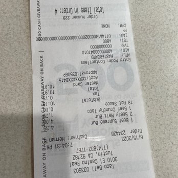 Taco Bell - Receipt - Fast Food Near Me - Tustin, California