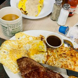 Uncle Ernie's Pancake House - Steak, eggs over medium, hash brown, coffee, omelette
