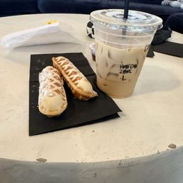 Blueberry waffle, sticks, and iced latte