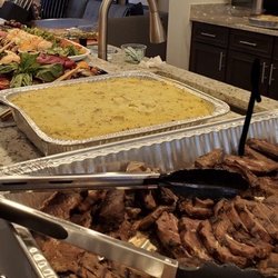 Absolutely Perfect Catering - Char-grilled flat iron steak, mashed potatoes, roasted vegetable medley (first three dishes from absolutely perfect catering)