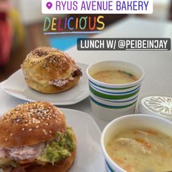 Ryus Avenue Bakery - The Ryus Ave Special. One sandwich has avocado/guacamole instead of slaw. Both had Lemon Greek soup.  All so very delicious!!!!