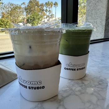 Chrome Coffee Studio - Iced Chrome latte with oat milk and Matcha Chrome Latte - Coffee & Tea Near Me - Torrance, California Chrome Coffee Studio - Iced Chrome latte with oat milk and Matcha Chrome Latte - Coffee & Tea Near Me - Torrance, California