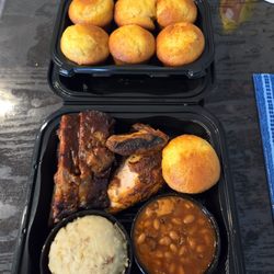 Famous Dave's - I choose the 2 meat combo with ribs and roast chicken, mashed potatoes, and Wilbur beans. Also added extra corn meal muffins.