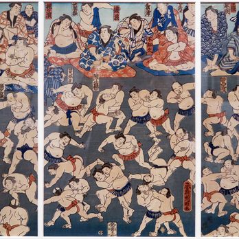 CU Art Museum - Utagawa Kuniaki II; Professional Sumo Wrestlers Practicing; 1866; color woodblock triptych on paper - Art Museums Near Me - Boulder, Colorado
