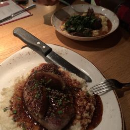 Bottom: Pork Chop over Polenta Top Right: Short Rib, small plate