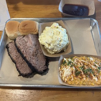 407 BBQ - Wet brisket, potato salad and elote street corn. - Barbeque Near Me - Argyle, Texas