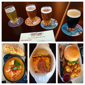 HopSaint Brewing - Flight, killer shrimp, corn bread strawberry butter, and pork belly (amazing) sandwich - New American Near Me - Torrance, California HopSaint Brewing - Flight, killer shrimp, corn bread strawberry butter, and pork belly (amazing) sandwich - New American Near Me - Torrance, California