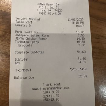 JINYA Ramen Bar - Tulsa - Check showing items ordered, date, time, and server's name. - Tapas/Small Plates Near Me - Tulsa, Oklahoma JINYA Ramen Bar - Tulsa - Check showing items ordered, date, time, and server's name. - Tapas/Small Plates Near Me - Tulsa, Oklahoma