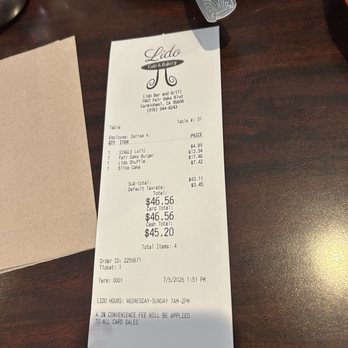 Lido Cafe - 7/5/26- receipt charges are different from the menu - Comfort Food Near Me - Carmichael, California Lido Cafe - 7/5/26- receipt charges are different from the menu - Comfort Food Near Me - Carmichael, California
