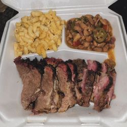 Two meat plate all brisket with beans and mac and cheese.