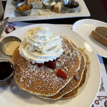 Beach Plum Kitchen - Strawberry Shortcake Pancakes & a Jam Sampler with a buttermilk biscuit - New American Near Me - Carlsbad, California Beach Plum Kitchen - Strawberry Shortcake Pancakes & a Jam Sampler with a buttermilk biscuit - New American Near Me - Carlsbad, California