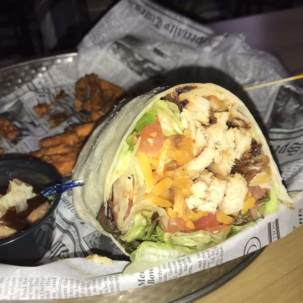 On The Dunes - Chicken wrap with sweet potato fries - Sports Bars Near Me - Commerce Township, Michigan On The Dunes - Chicken wrap with sweet potato fries - Sports Bars Near Me - Commerce Township, Michigan