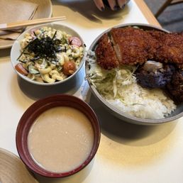 Chicken katsu curry with Almond Miso Soup and a side of Mac salad Chicken katsu curry with Almond Miso Soup and a side of Mac salad
