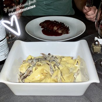 Beccofino - Blueberry glaze duck and pappardelle pasta with truffle mushrooms - Italian Near Me - Tampa, Florida Beccofino - Blueberry glaze duck and pappardelle pasta with truffle mushrooms - Italian Near Me - Tampa, Florida