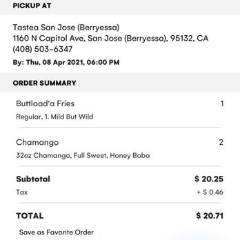 Tastea - This is my online order, 2 Chamango w/ Honey Boba. Unfortunately received only 1 Chamango w/ Honey Boba - Bubble Tea Near Me - San Jose, California Tastea - This is my online order, 2 Chamango w/ Honey Boba. Unfortunately received only 1 Chamango w/ Honey Boba - Bubble Tea Near Me - San Jose, California