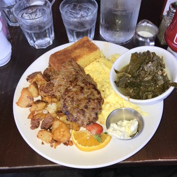 Four Friends Kitchen - Kitchen Sink homemade potatoes and sausage with corn bread and a side of bacon maple collard greens, yummy - Southern Near Me - Denver, Colorado