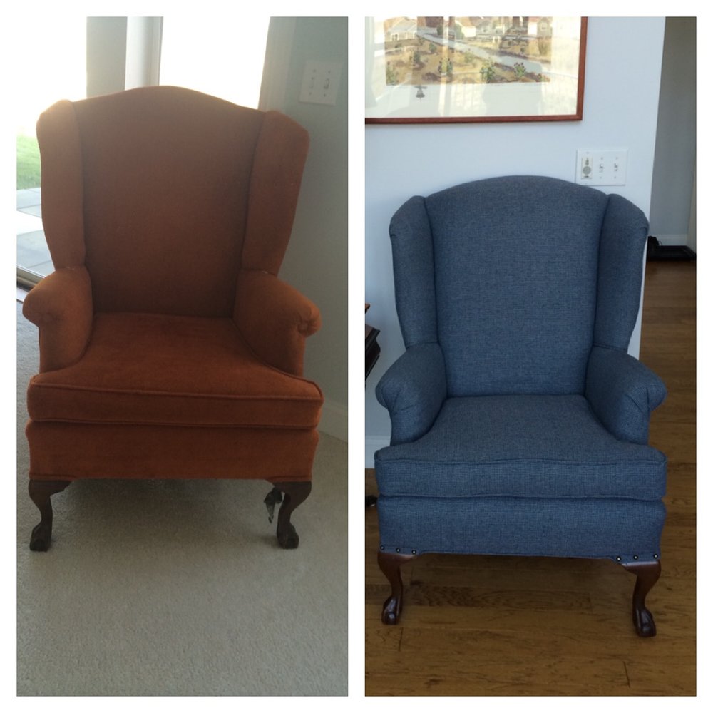 Schultz Upholstering - Before and after of my grandfather's chair. Work done by Schultz Upholstery. - Furniture Reupholstery Near Me - Willoughby, Ohio Schultz Upholstering - Before and after of my grandfather's chair. Work done by Schultz Upholstery. - Furniture Reupholstery Near Me - Willoughby, Ohio