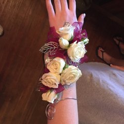 All Stems From Sophia Florist - Full wrap wristlet white roses and maroon ribbon