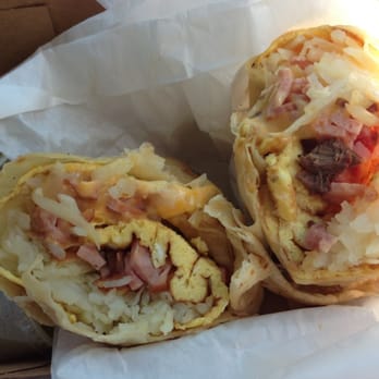 Tops Burgers - Breakfast Burrito w/ Ham ($5.59)... Plus a renegade piece of Asada - Burgers Near Me - Pasadena, California