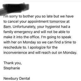I've never had this experience with a provider. It's absurd and unprofessional to get a 9p email for an 8a appointment. I've never had this experience with a provider. It's absurd and unprofessional to get a 9p email for an 8a appointment.