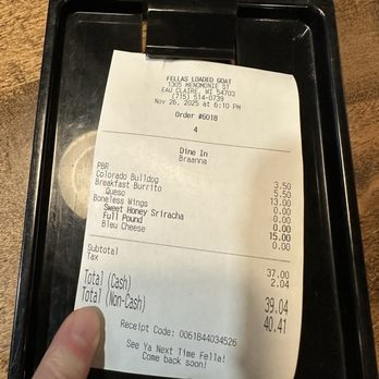Fella's Loaded Goat - Receipt says $5.50 for cocktail and ad on table says $5 - interesting billing - Bars Near Me - Eau Claire, Wisconsin Fella's Loaded Goat - Receipt says $5.50 for cocktail and ad on table says $5 - interesting billing - Bars Near Me - Eau Claire, Wisconsin