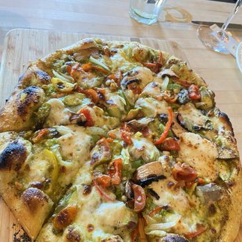 Wine o'Clock - Pesto pizza with veggies - Wine Bars Near Me - Prosser, Washington Wine o'Clock - Pesto pizza with veggies - Wine Bars Near Me - Prosser, Washington