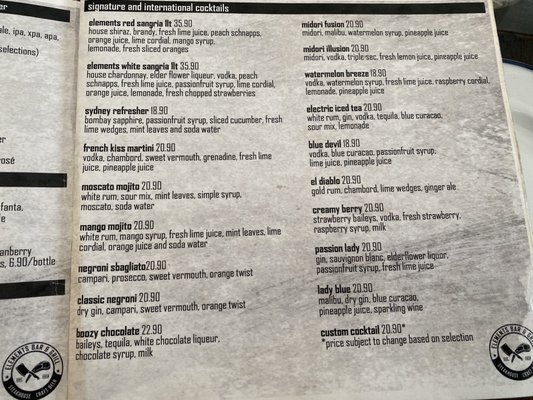 Menu photo 3 Elements Bar and Grill Darlinghurst, NSW