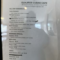 Guajiros Cuban Cafe - Menu