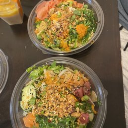 Poke Bowl - Regular (2 Proteins) with brown rice and salad base. I got tuna and salmon protein Poke Bowl - Regular (2 Proteins) with brown rice and salad base. I got tuna and salmon protein