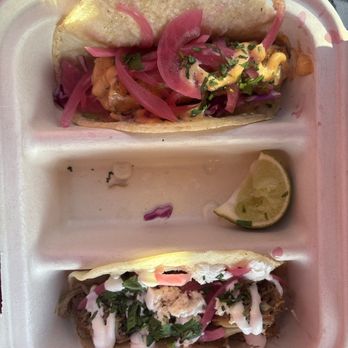 Cushnoc Cantina - baja fish taco (the one with orange sauce) & cantina taco (the one with white sauce) - Tacos Near Me - Waterville, Maine