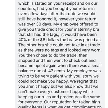 My Little Children - Her response where she lied about me and accused me of trying to return an old bra. I returned it in the state they sold it. - Children's Clothing Near Me - Eugene, Oregon My Little Children - Her response where she lied about me and accused me of trying to return an old bra. I returned it in the state they sold it. - Children's Clothing Near Me - Eugene, Oregon