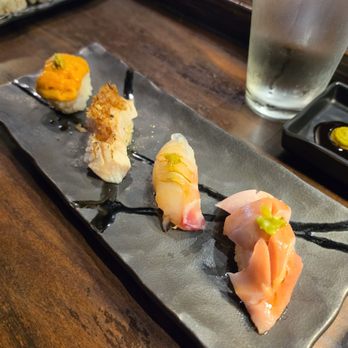 Sushi Blue Wave - From left to right: uni, aburi hamachi, tai snapper, bluefin toro - Sushi Bars Near Me - Lihue, Hawaii Sushi Blue Wave - From left to right: uni, aburi hamachi, tai snapper, bluefin toro - Sushi Bars Near Me - Lihue, Hawaii
