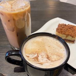 Gluten Free Coffee Cake, Iced Vanilla Latte and their version of a Mocha.