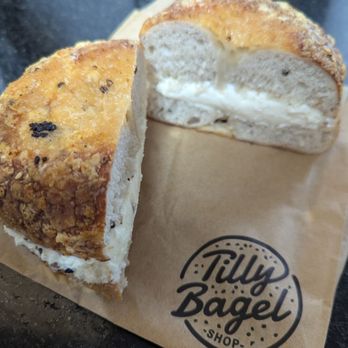 Tilly Bagel Shop - Cacio e pepe bagel w/ plain cream cheese - Coffee & Tea Near Me - Chicago, Illinois