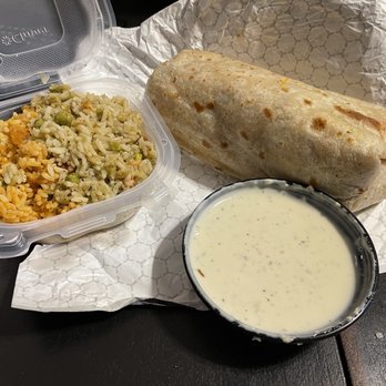Javi's Tacos - Welch Plaza - Burrito, both types of rice, and queso. - Tacos Near Me - Omaha, Nebraska