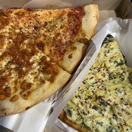 Cheese Pizza, Buffalo Chicken Pizza, Creamy Spinach and Artichoke with Alfredo Sauce Slice