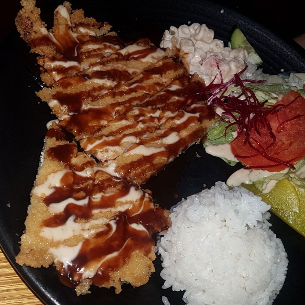 Chicken katsu comes with rice salad and miso soup. Yummy!