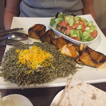 Farid Restaurant - Salmon Kabob with Basmati herb rice w/side garden salad. - Persian/Iranian Near Me - Los Angeles, California Farid Restaurant - Salmon Kabob with Basmati herb rice w/side garden salad. - Persian/Iranian Near Me - Los Angeles, California