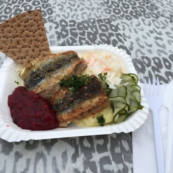 Strömmingsvagnen - Fried herring, mashed potatoes, coleslaw, pickles and lingonberry - the "small portion." Delicious. - Seafood Near Me - Stockholm, Alberta