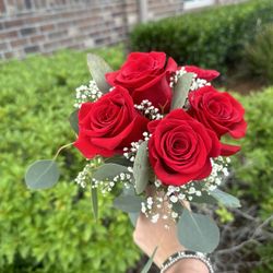 Flowers By Janice - Red rose prom bouquet with babys breath and navy ribbon - $55