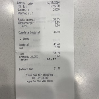 Riverside Steak & Seafood - Charged 20% gratuity - Seafood Near Me - Swansboro, North Carolina