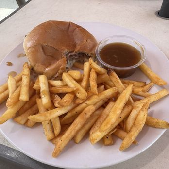 The Rolling Pin Bakery & Cafe - Beef dip on house made bun with fries. - Breakfast & Brunch Near Me - Bow Island, Alberta The Rolling Pin Bakery & Cafe - Beef dip on house made bun with fries. - Breakfast & Brunch Near Me - Bow Island, Alberta