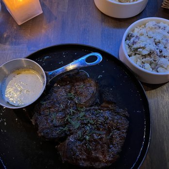 The Loaded Spoon - Ribeye with horseradish crème, loaded potato salad and corn risotto. - Cocktail Bars Near Me - Freehold, New Jersey The Loaded Spoon - Ribeye with horseradish crème, loaded potato salad and corn risotto. - Cocktail Bars Near Me - Freehold, New Jersey