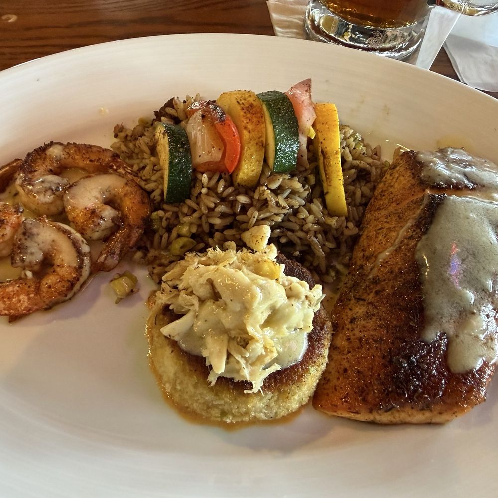 Fish Tales - Broiled Trio w/ Blackened Salmon, Shrimp, and Crab Cake - Seafood Near Me - Galveston, Texas