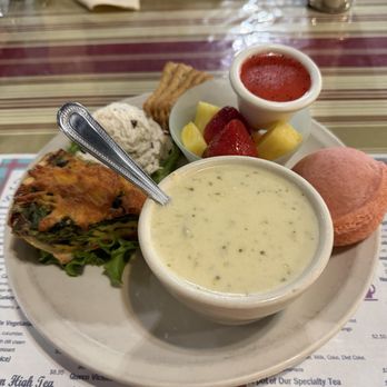 Secret Garden Restaurant - Garden sampler. Quiche, soup, Waldorf chicken salad and fruit. - Antiques Near Me - Fort Worth, Texas